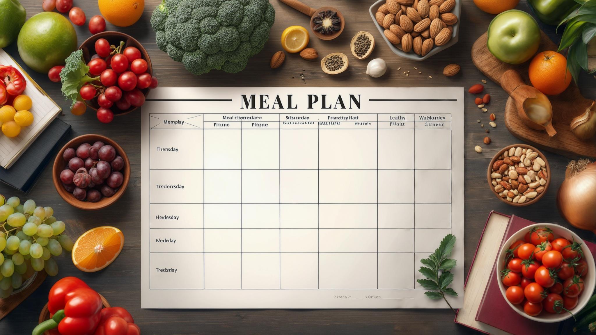 A well-organised meal plan worksheet beside fresh vegetables, grains, and proteins, representing a structured approach to weekly meal preparation